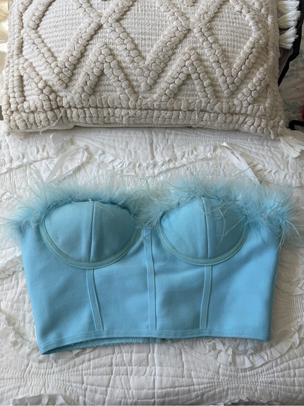 REVOLVE Light Blue Feather-Trim Bustier Crop Top